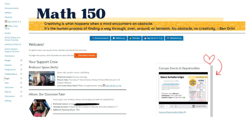 Professor Kelly Spoon's Home page for her MATH 150 course